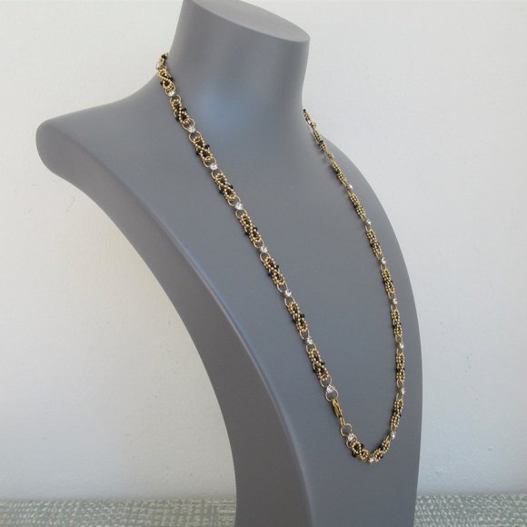 Vintage Set of Necklace & Bracelet Infinity, Black Beads, Gold Tone w/ Crystals - Picture 3 of 7